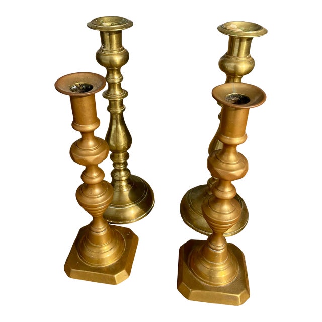 Two Pr Brass Bell Metal 19th C Georgian Candlesticks Holders 10 3/4" Beehive 12" For Sale