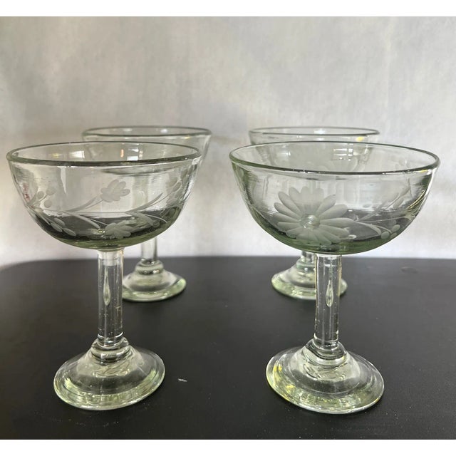 Glass 1980s Rose Ann Hall Margarita Glasses: Hand Blown Green Tint Coupes - Set of 4 For Sale - Image 7 of 14