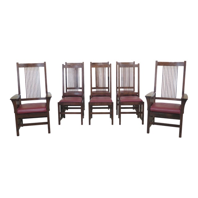1990s Vintage Stickley Mission Oak High Back Dining Room Chairs Set of