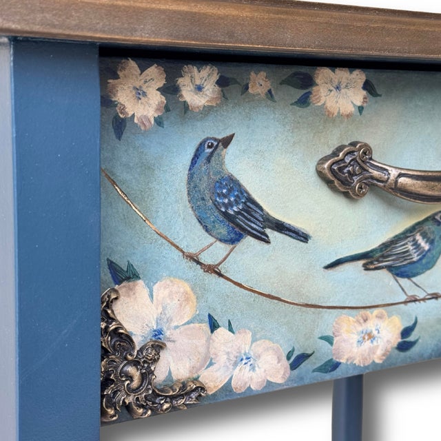 Blue Hand-Painted Blue Birds Console Table – Solid Wood Entryway Accent Furniture For Sale - Image 8 of 12