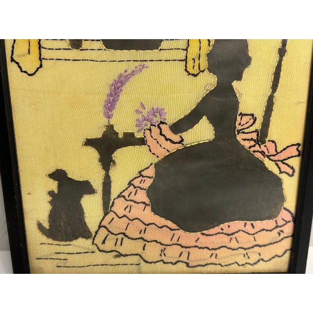 Folk Art Mid 20th Century Folk Art Silk Embroidery Picture: Woman & Dog Silhouette in Frame For Sale - Image 3 of 6