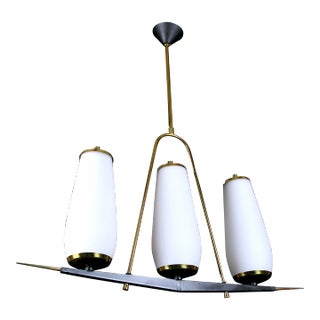 Maison Arlus, Black & Brass Chandelier, Three Tall White Opalines, France Mid-Century For Sale