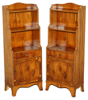 Vintage English Flamed Hardwood Waterfall Bookcases with Cupboard Bases, Set of 2