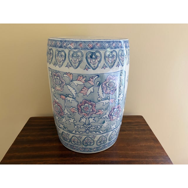 Late 20th Century Chinoiserie Floral Blue, White, and Pink Porcelain Garden Stool or Side Table For Sale - Image 5 of 7