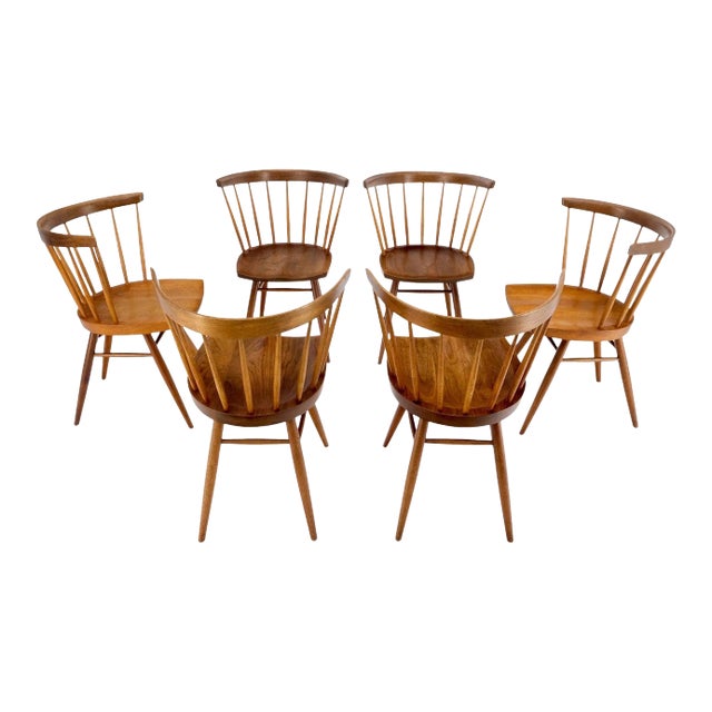 Set of 6 Oiled Walnut Spindle Back Dining Chairs by George Nakashima For Sale