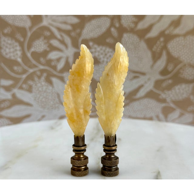 Stone Willow Leaf Lamp Finials on Bronze Hardware - a Pair For Sale - Image 4 of 4