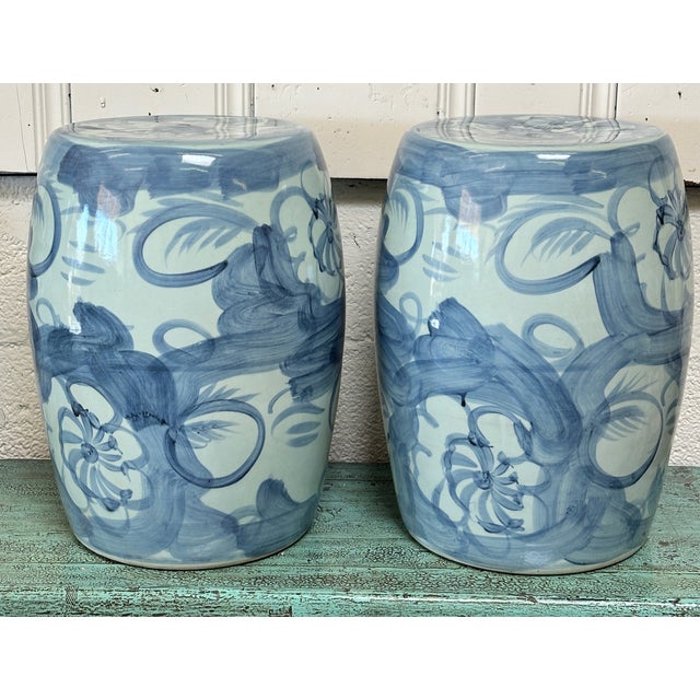 Chinoiserie Coastal Abstract Lotus Garden Stools - A Pair For Sale - Image 3 of 8