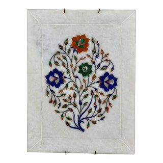 Vintage Traditional Persian White Marble Floral Stone Inlay Hanging Serving Tray For Sale