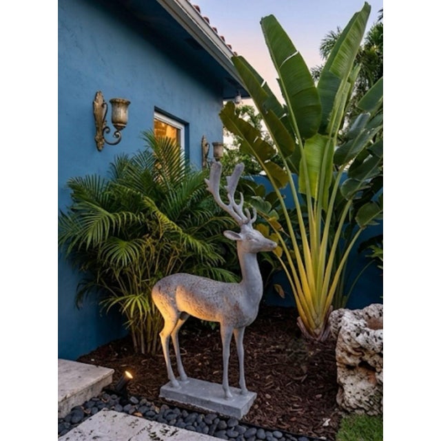 Light Gray Mid-Century Continental Cast Lead Garden Statue of a Stag For Sale - Image 8 of 12