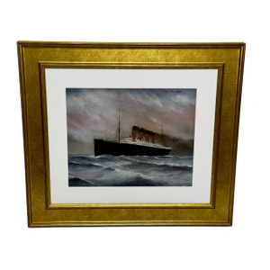 1950s British Oil Painting Ship RMS Lusitania Cunard Line Captain William Turner Before Being Sunk, Framed