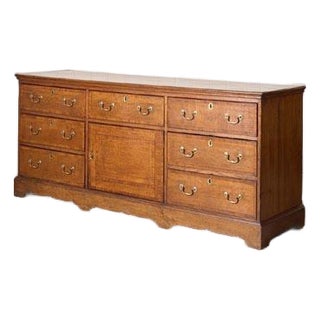 Exquisite Late Georgian Period Oak + Mahogany Banded Dresser Base (C. 1780) With Original Swan Handles For Sale