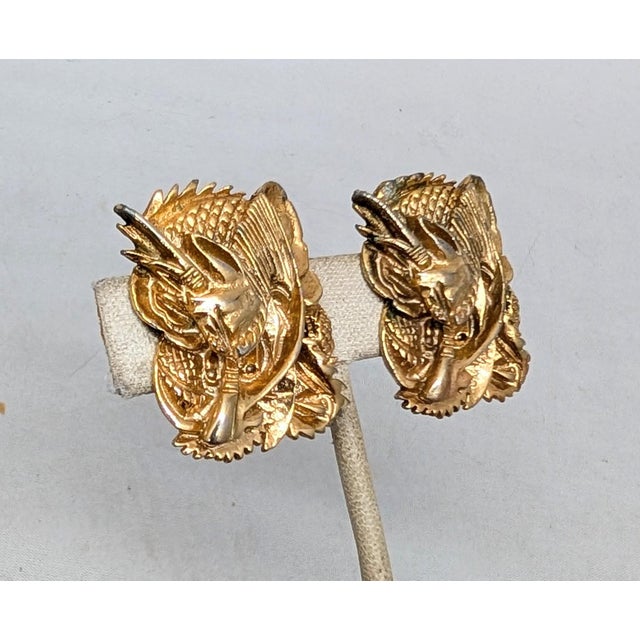 Napier Vintage 1972 Signed Napier Goldtone Manchu Dragon Clip Earrings-2 Pieces For Sale - Image 4 of 8