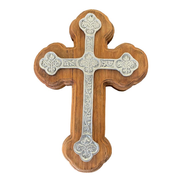 Wood Wall Cross With Ornate Silver Inlay For Sale
