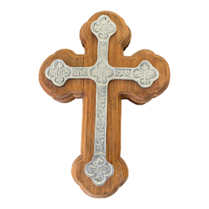 Wood Wall Cross With Ornate Silver Inlay