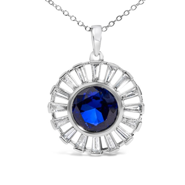 Contemporary Sterling Silver Lab Grown Sapphire and Diamond Medallion Pendant Necklace For Sale - Image 3 of 4
