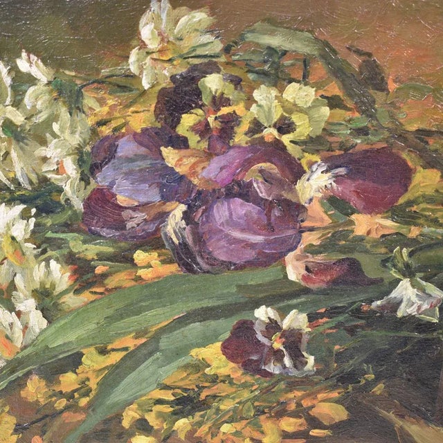 Iris and Daisies, Oil on Canvas, Early 20th Century For Sale - Image 4 of 7