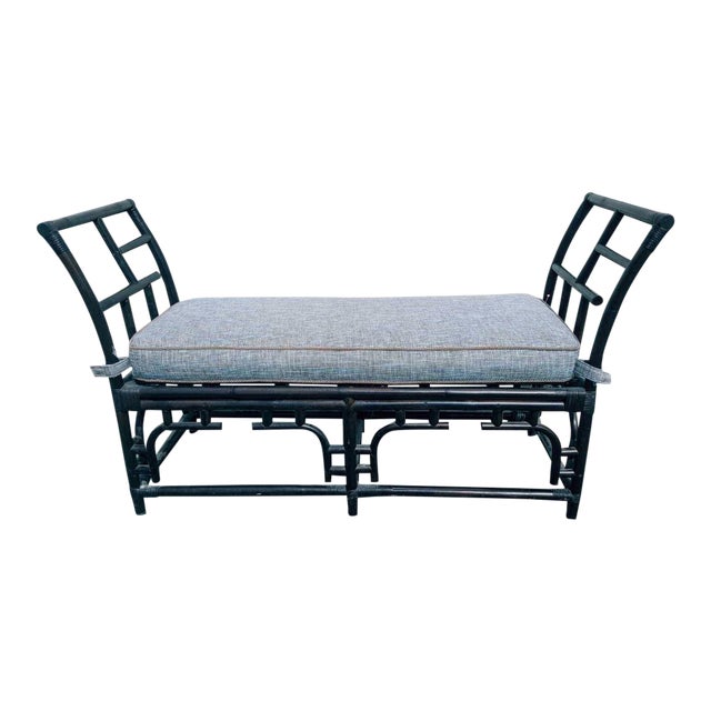 Black Rattan Bench With Fabric Cushion Asian Modern Vintage