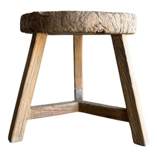 Vintage Elm Wood Wheel Side Table #F75 For Sale