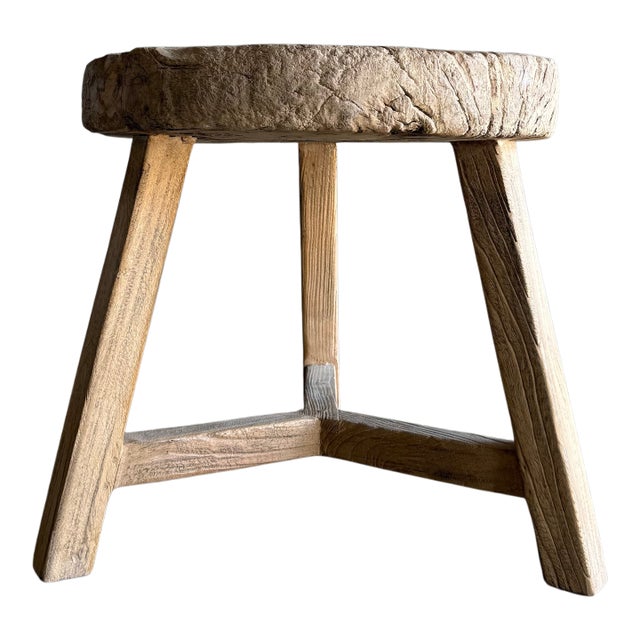 Vintage Elm Wood Wheel Side Table #F75 For Sale