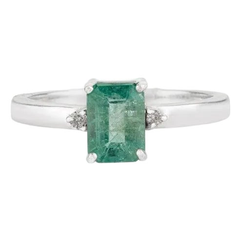 Natural Emerald and Diamond Engagement Ring in 925 Silver - Size 7.5 For Sale