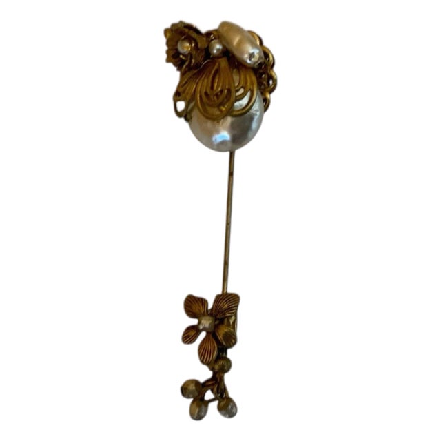 Rare Vintage Miriam Haskell Stick Pin Signed Faux Pearl Gold Filigree Floral Dangle For Sale