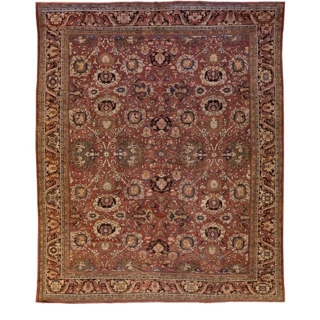 Antique Sultanabad Handmade Floral Red Oversize Wool Rug For Sale