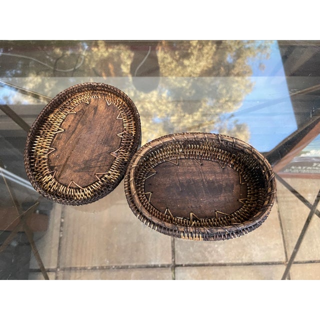 Workaday Handmade Vintage Carved Wooden Sea Turtle Woven Basket Wood Base Trinket Jewelry Box For Sale - Image 4 of 4