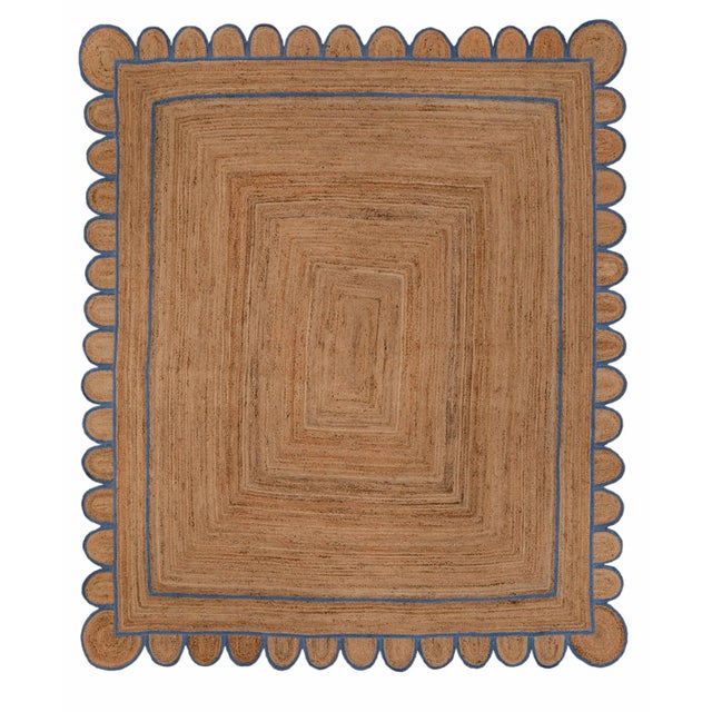 French Blue Trim Jute Scallop Braided Handmade Rug - 4'x6' For Sale - Image 10 of 10