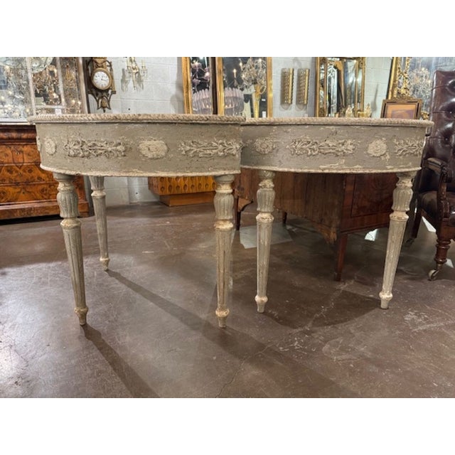 Greige Pair of Italian Neo-Classical Carved and Painted Console Tables For Sale - Image 8 of 8