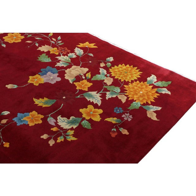 Hand-Knotted Vintage Chinese Art Deco Rug, Red and Gold FLoral Pattern For Sale - Image 4 of 6