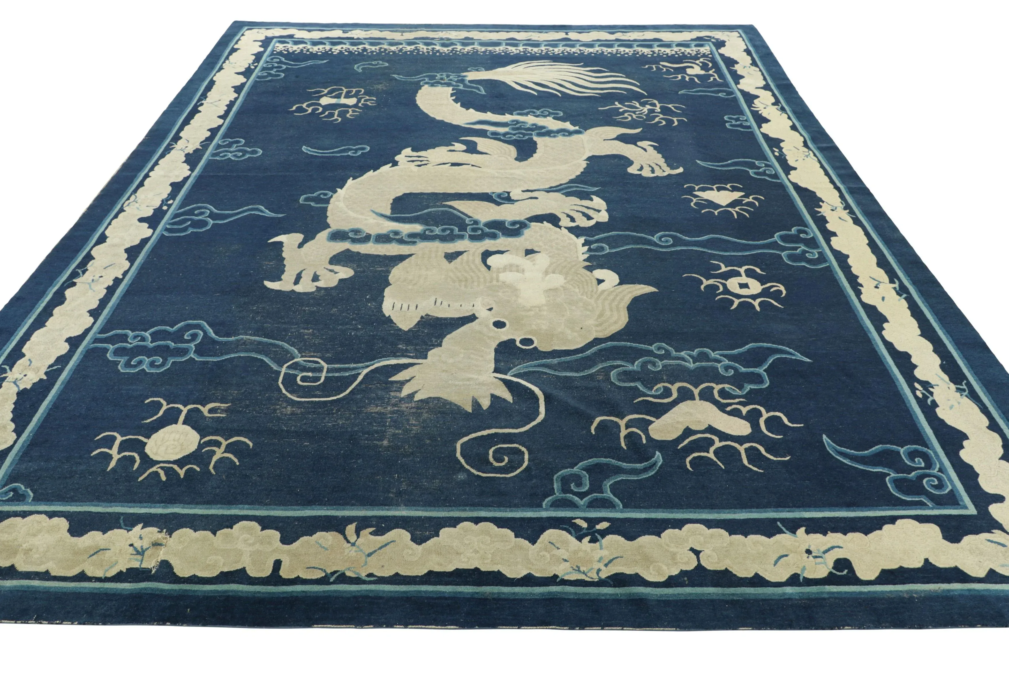 Antique Peking Art Deco Rug in Blue With Cream Dragon Pictorial