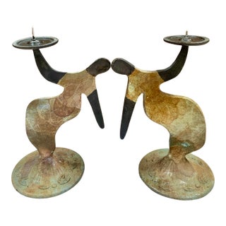 Michael Marras Signed Brutalist Wrought Iron Dancer Candle Holders - Pair For Sale