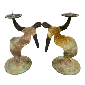 Michael Marras Signed Brutalist Wrought Iron Dancer Candle Holders - Pair