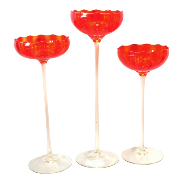 Murano 1960's Orange Glass Compotes on Clear Glass Stems Set of 3