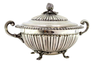 Silver Tureen with Reliefs, Handles, Lid Knob and Claw-Shaped Feet