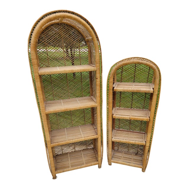 Set of 2 - Vintage Arched Natural Wicker Rattan Shelves - Set of Two For Sale