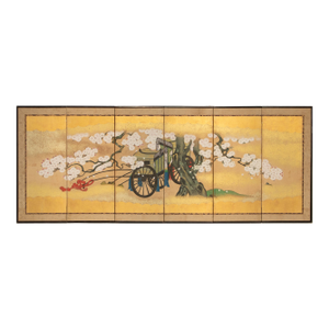 Meiji to Taisho Era Japanese Gold Leaf Byobu Screen in Yamato-E Style "Carriage Under Sakura"