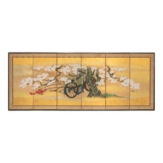 Taisho Era Japanese Gold Leaf Byobu Screen in Yamato-E Style "Carriage Under Sakura" For Sale
