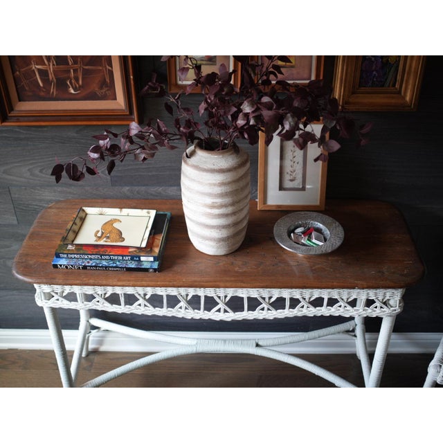Vintage Grandmillennial White Wicker Console Table & High-Back Chair - 2 Piece Set For Sale - Image 4 of 6