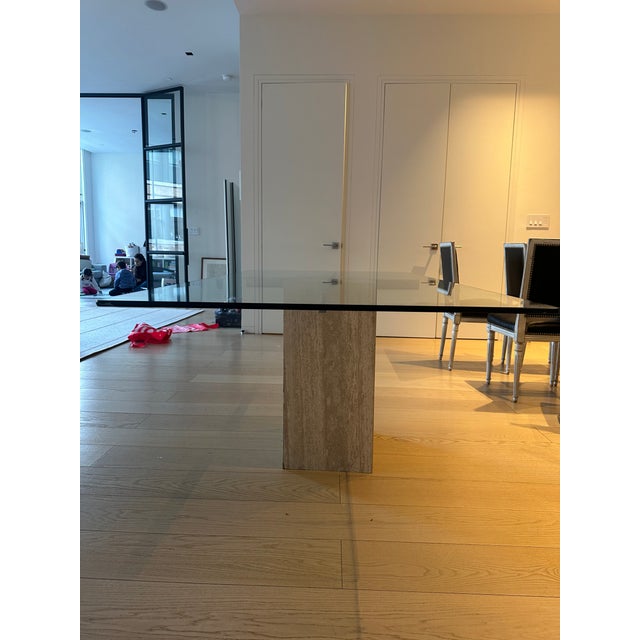 Beautiful vintage 1970s dining table that seats 6 - base is made of travertine and the top is glass supported by chrome...