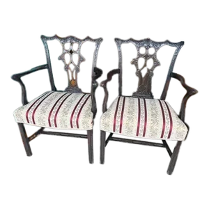 Pair of Antique Mahogany Chinese Chippendale Style Carved Armchairs