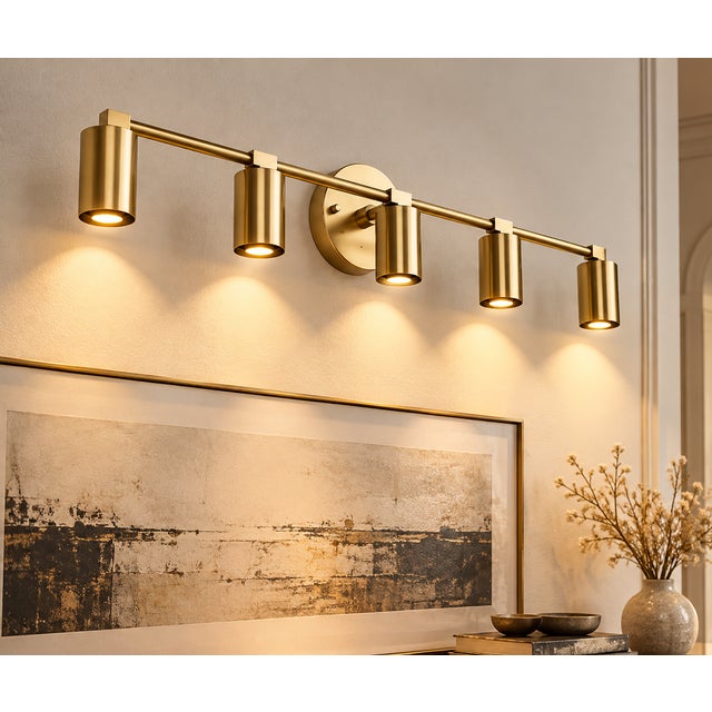Handcrafted Brass 5-Light Vanity Sconce, Cylinder Bathroom Mirror & Wall Light For Sale - Image 4 of 8