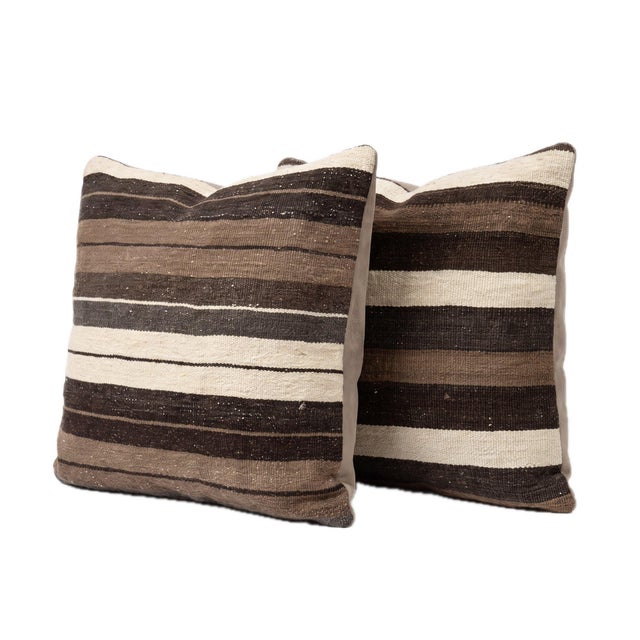 Mid-Century Modern Brown Striped Kilim Pillow Cover 20'' X 20'' - Set of Two For Sale - Image 3 of 4