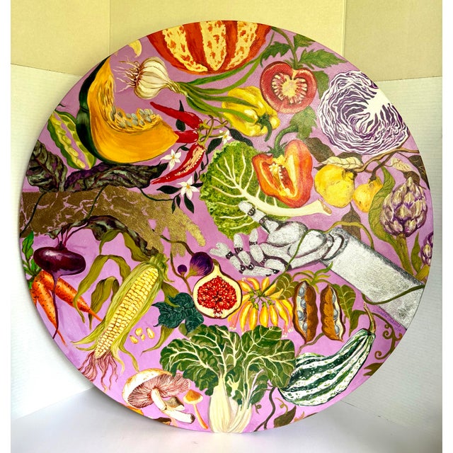 Contemporary Original Round Botanical Oil on Canvas Painting With Figural Hands by Surabhi Gaikwad Uzgare, 2020 For Sale - Image 3 of 15