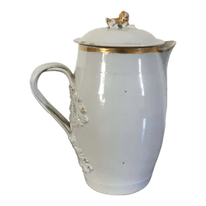 Large Antique Early 19th Century Chinese Export Porcelain Cider Jug Pitcher in White and Gold With Strap Handle & Kylin Tiger Foo Dog Finial 1810