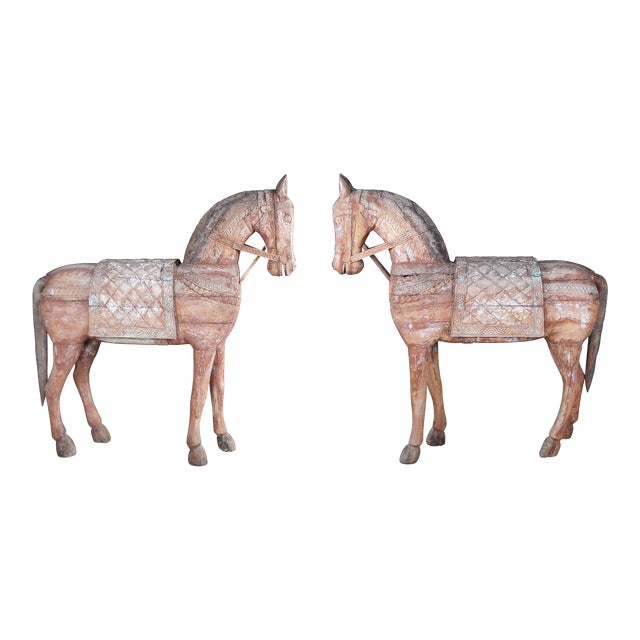 Vintage Lifesize Carved Wooden Equestrian Horse Sculptures - Set of 2 For Sale