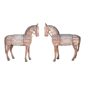 Vintage Lifesize Carved Wooden Equestrian Horse Sculptures - Set of 2