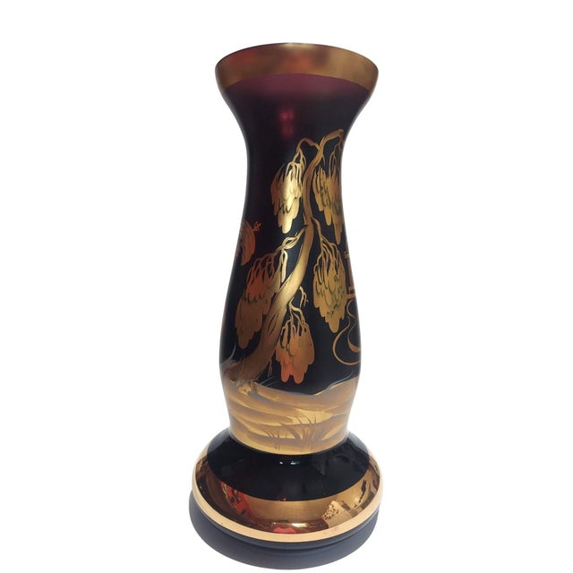 Glass Hand Painted Purple Glass Vase Gilt Gold Regency Style Courting Couple Hearth Mantel Left Facing For Sale - Image 7 of 9