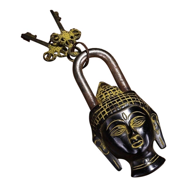Vintage Bronze Buddha Head Padlock With Key and Auspicious Symbols For Sale