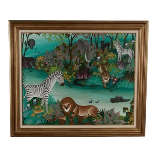 Vintage Painting of Animals in a Jungle by Gustavo Novoa For Sale
